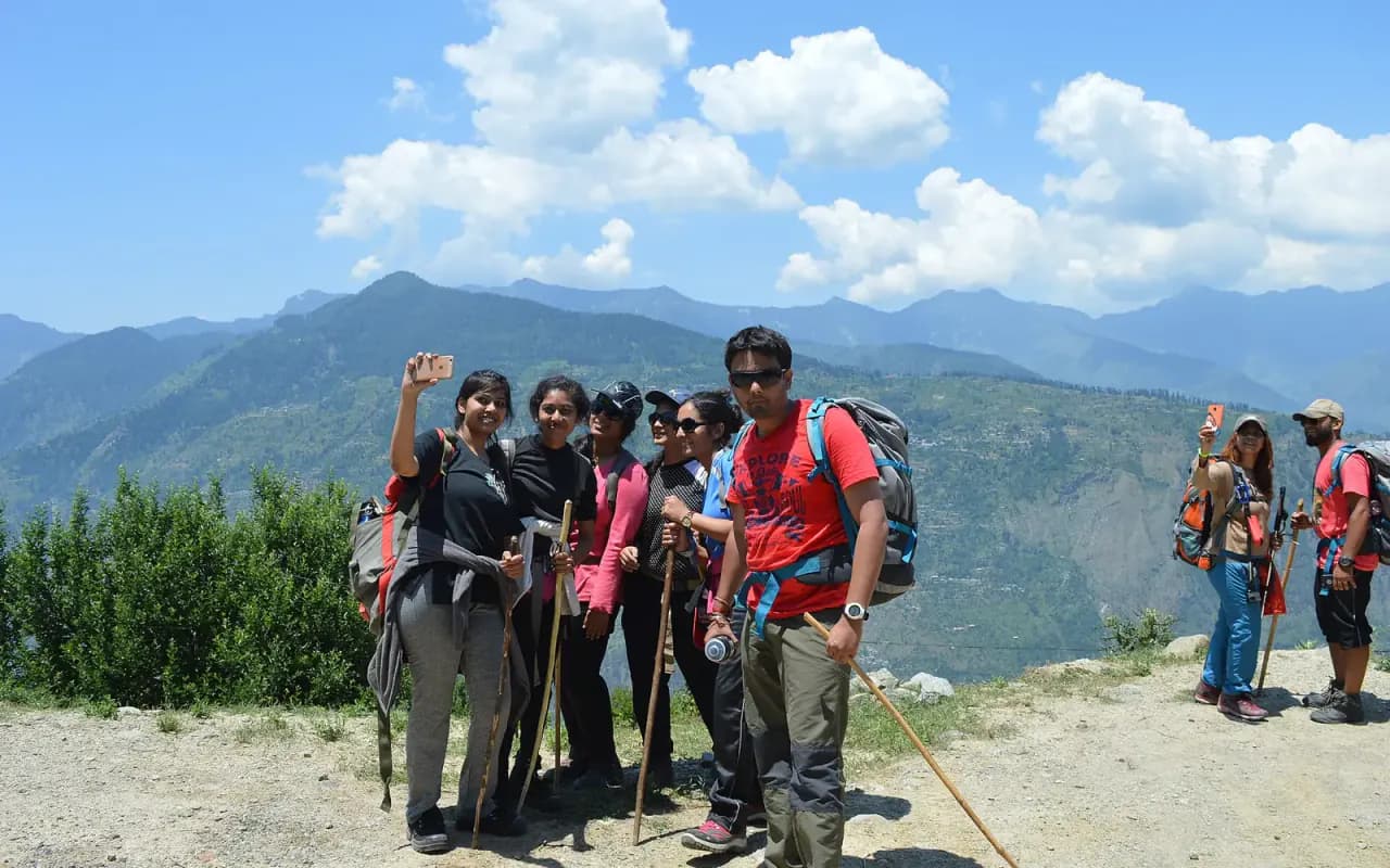 A trekking group enjoying a mountain route in India
