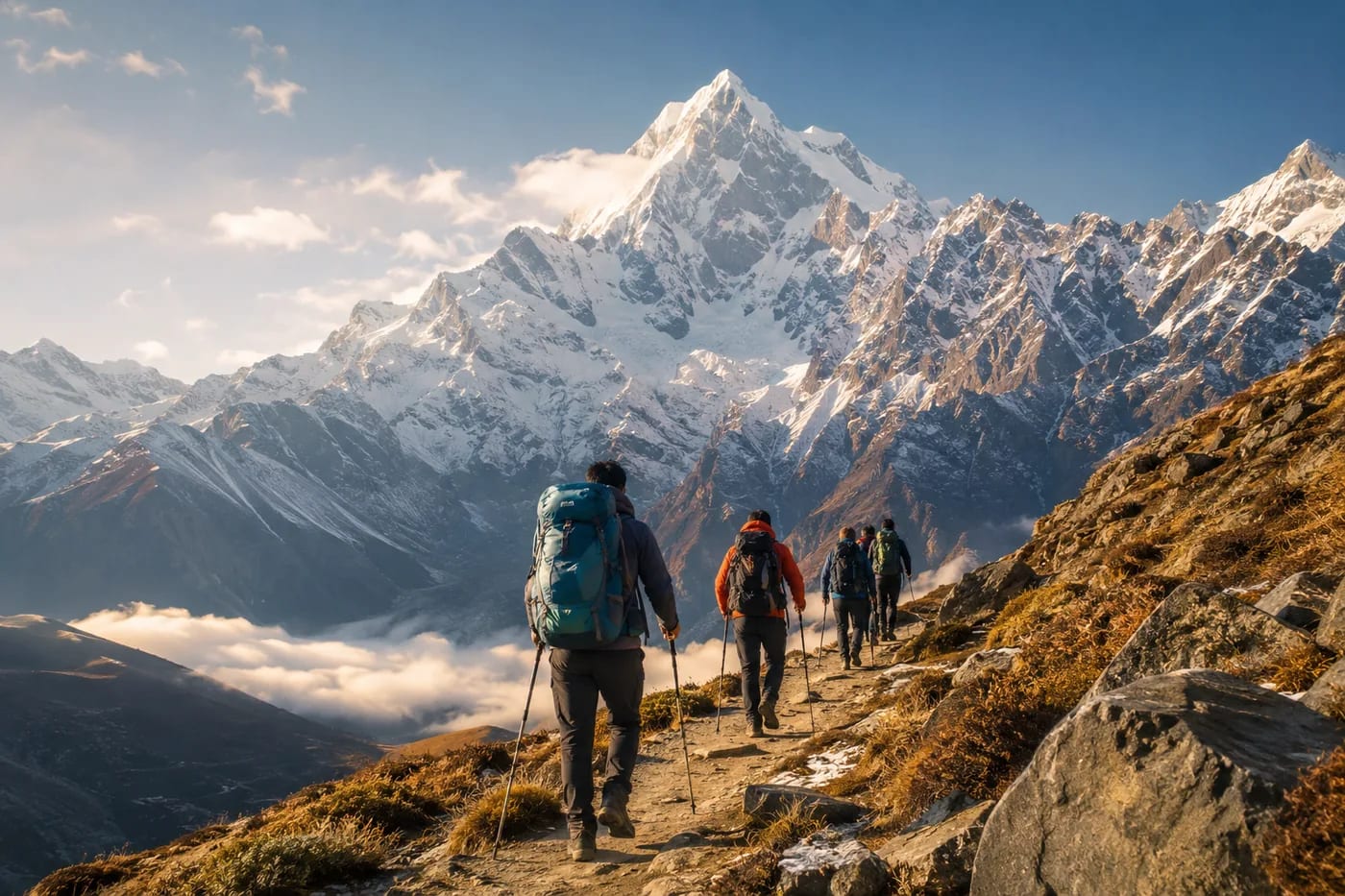 Trekkers following a high-altitude Himalayan trail in Uttarakhand