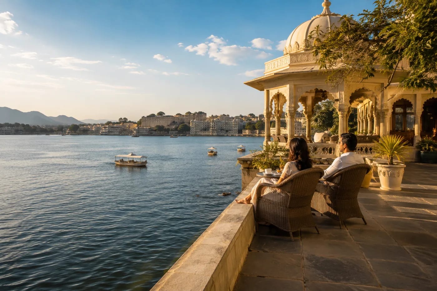 Travellers relaxing on a heritage lakeside terrace in India