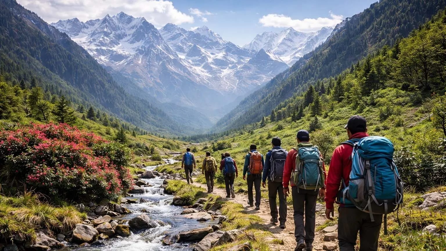 Trekkers walking through a Himalayan valley